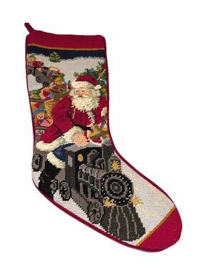 Vintage Handmade Needlepoint Christmas Stocking - Santa On Train
